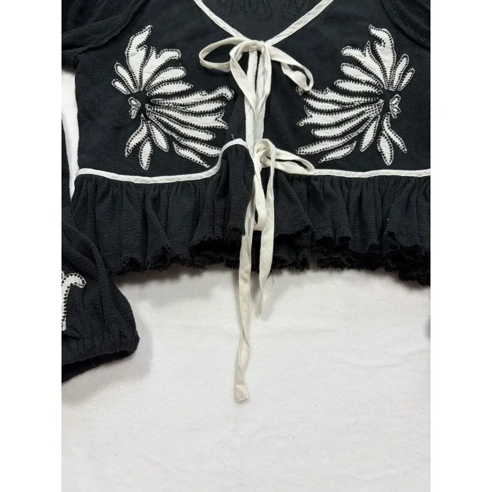 Free People Black Embroidered Tie Front Peplum Crop Top Small Boho Puff Sleeve